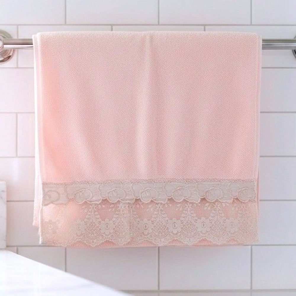 Vintage Pink Hand Towel USA Made Embroidered Satin Floral Lace Trim Cottagecore